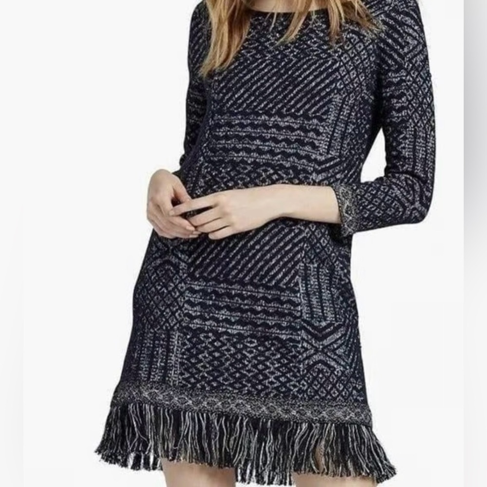 Lucky Brand Fringe Jacquard Mini Sweater Dress Long Sleeves Navy Size L NWT